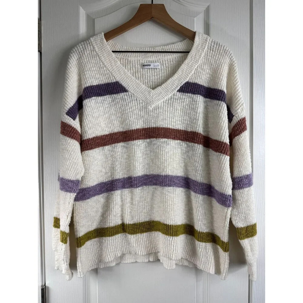 Sonoma Long Sleeve V-Neck Pullover Sweater Multicolor Stripe Cotton Women's XL